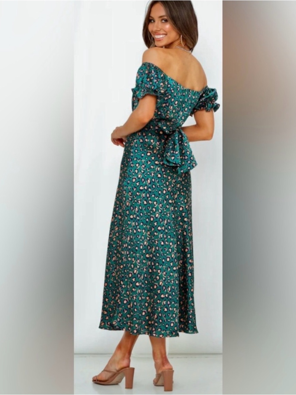 Hello Molly Off Shoulder Spiced Ginger Medley Maxi Dress in Green Leopard - Picture 2 of 16